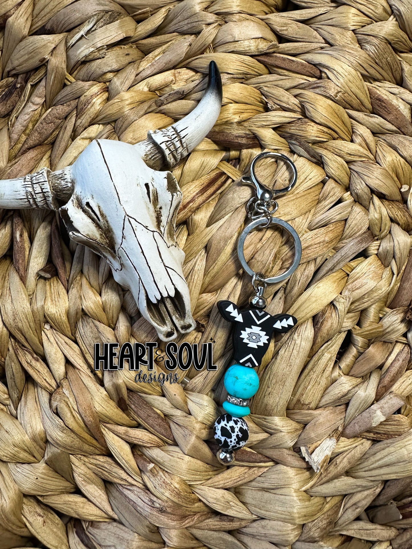 Aztec cow keychain