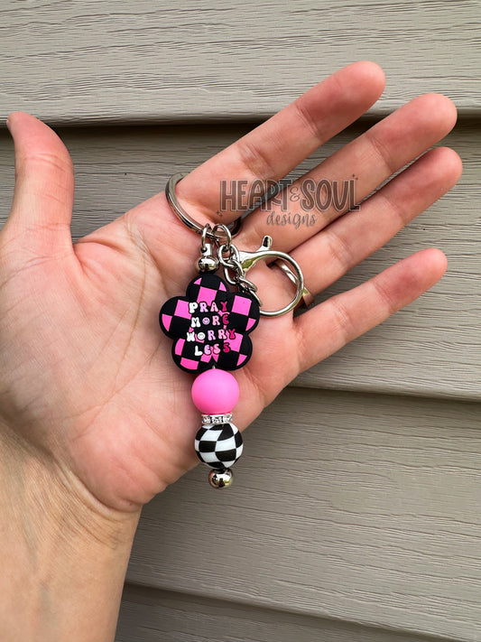 Pray more worry less pink checkered keychain