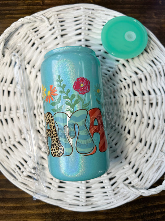 Mama floral - shimmer glass cup/mint