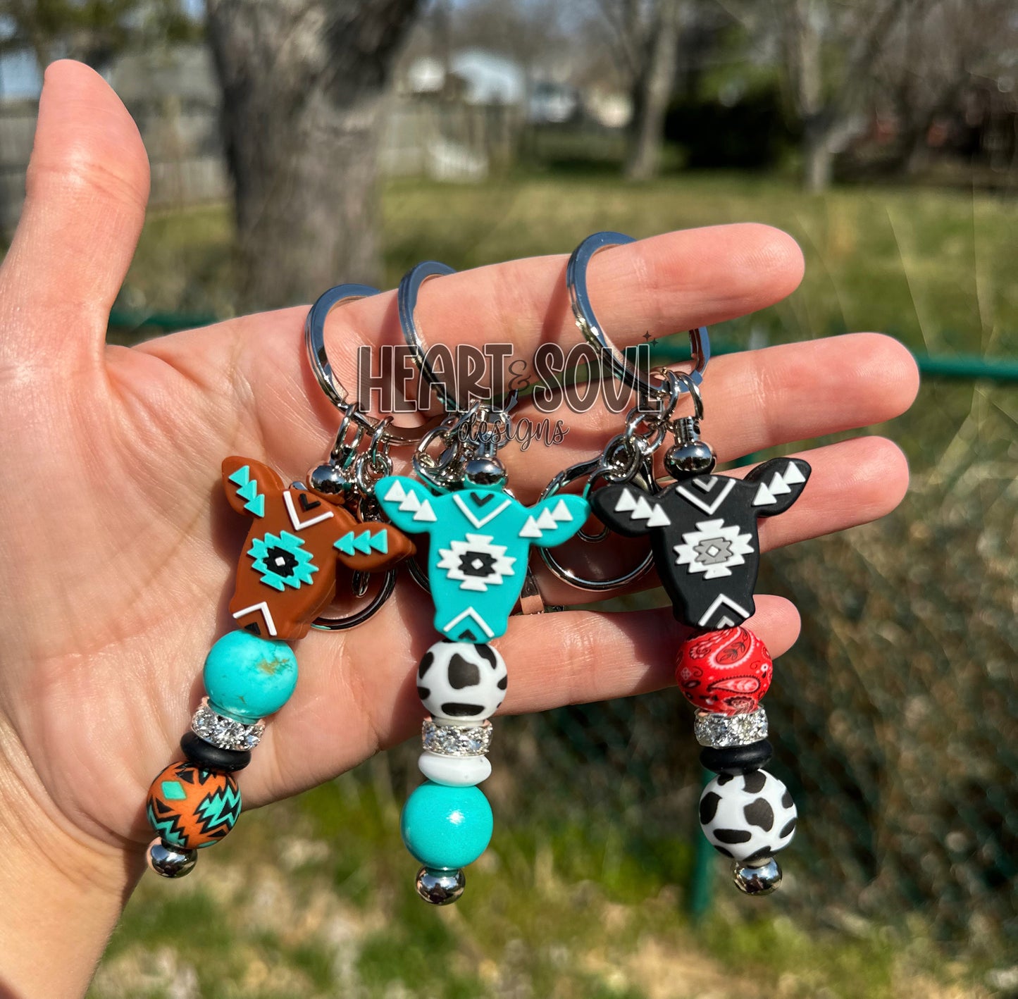 Aztec cow keychain