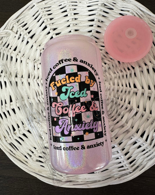Fueled by iced coffee & anxiety - shimmer glass cup/light pink