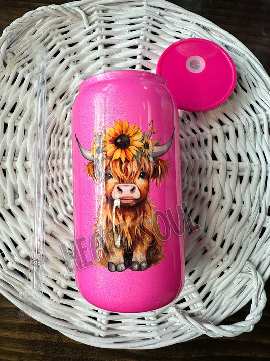 Sunflower highland cow - shimmer glass cup/hot pink